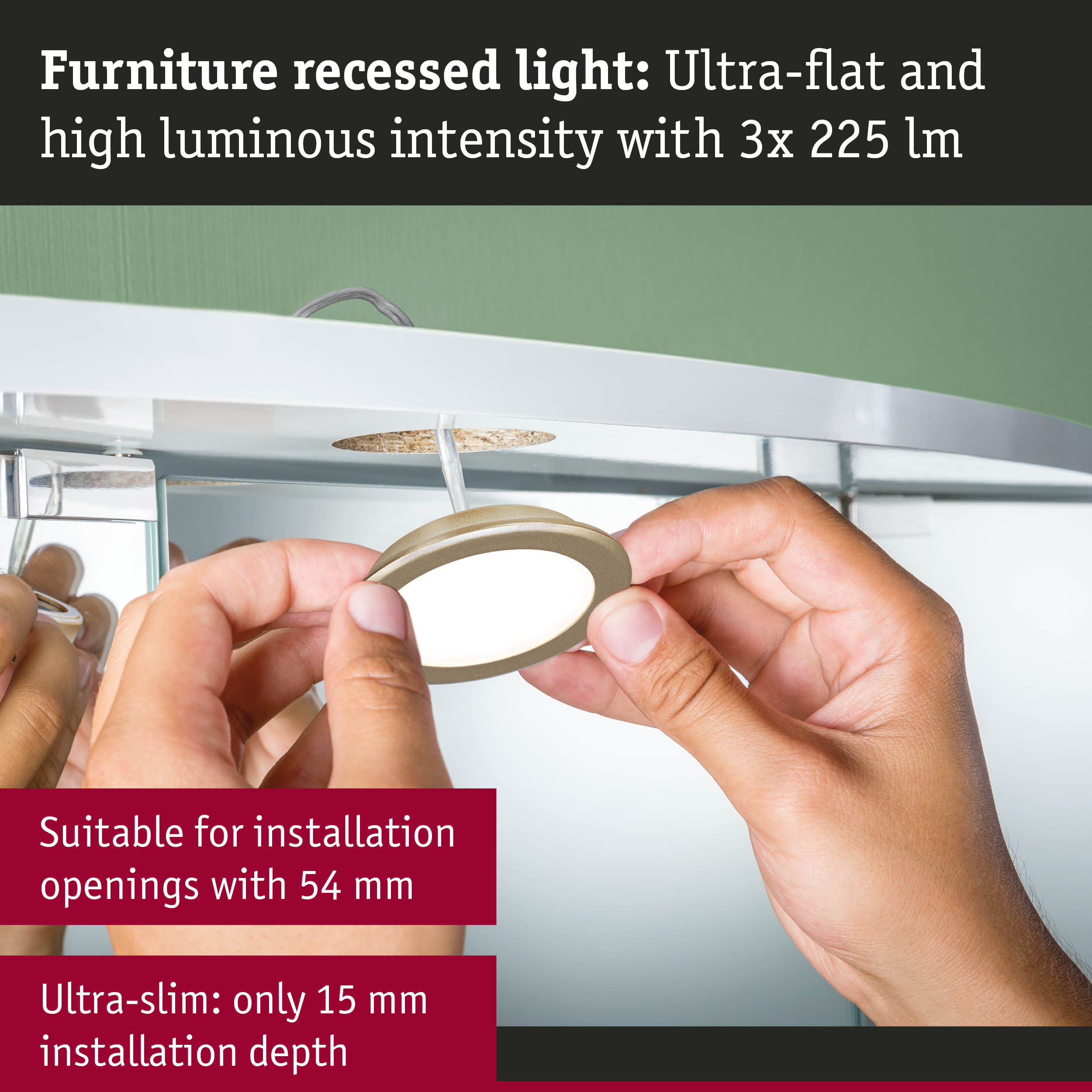 Hand-installed ultra-flat white furniture recessed light with high brightness and 225 lumens output
