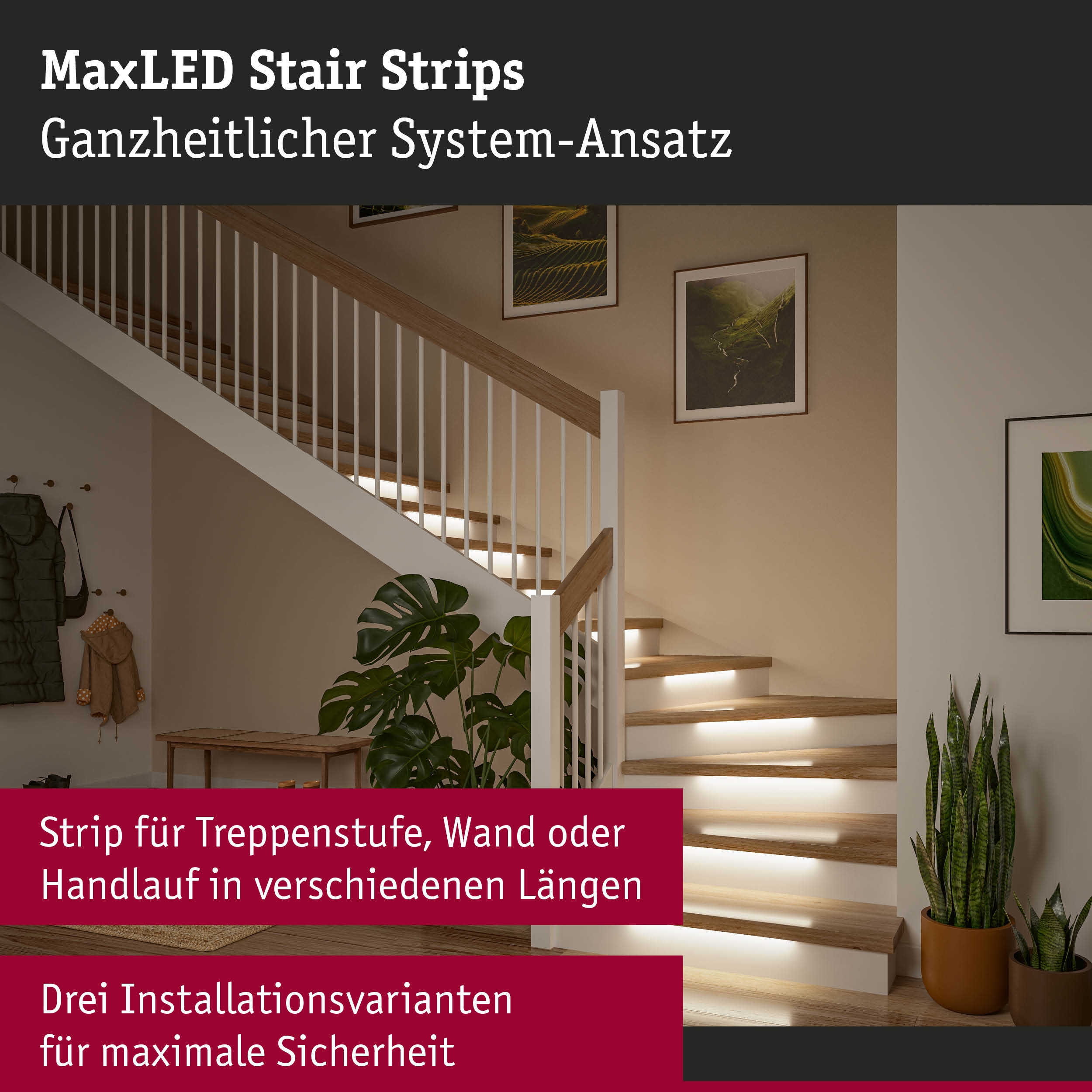 MaxLED Treppenstufen-Strip mit weißem Licht unter Holzstufen für sichere Beleuchtung im Wohnbereich