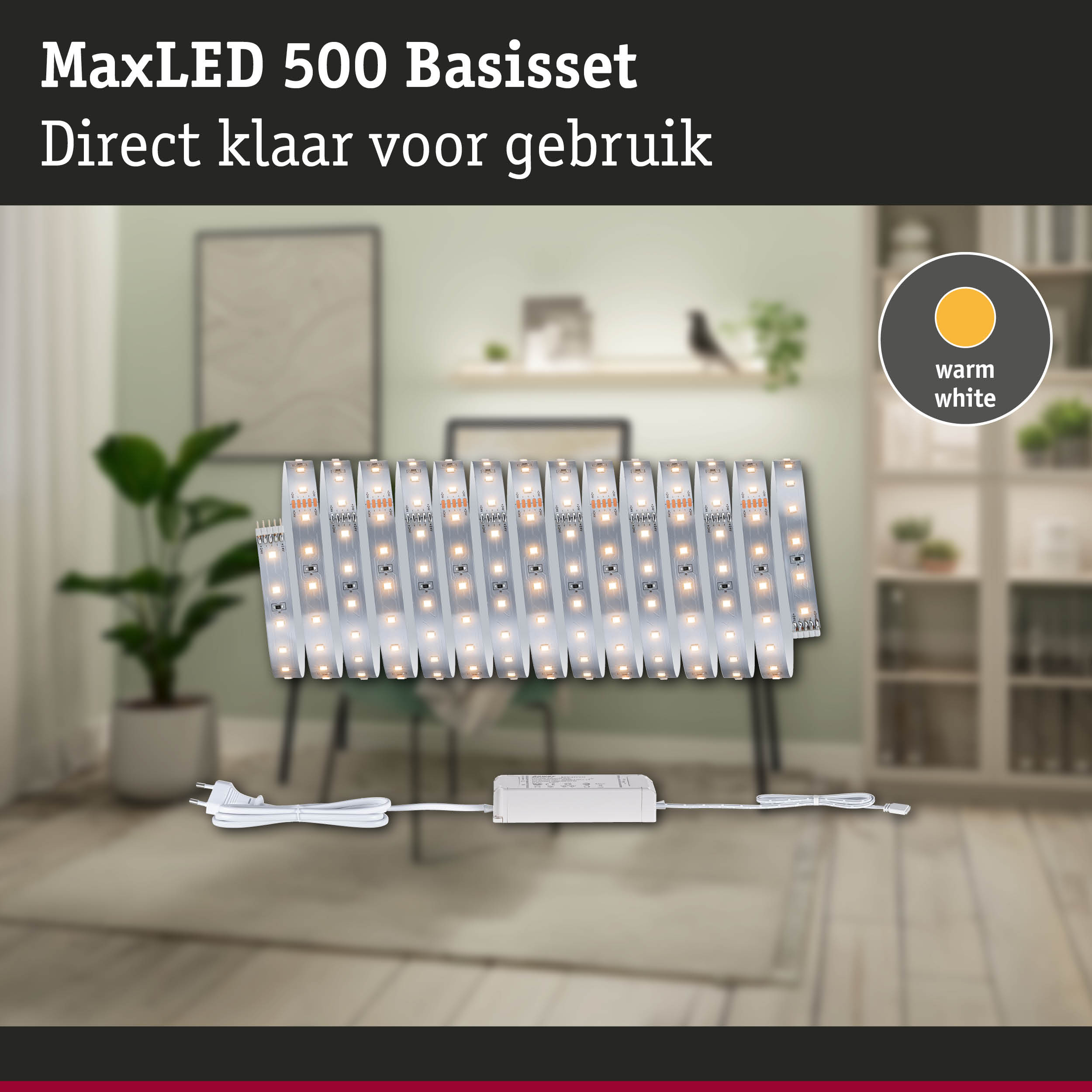 MaxLED 500 basisset met warmwitte LED-strips en voeding voor eenvoudige lichtinstallatie