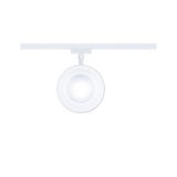 Runder weißer LED-Strahler aus Kunststoff an Schienensystem für moderne Raumbeleuchtung