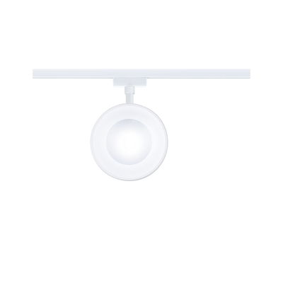 Runder weißer LED-Strahler aus Kunststoff an Schienensystem für moderne Raumbeleuchtung