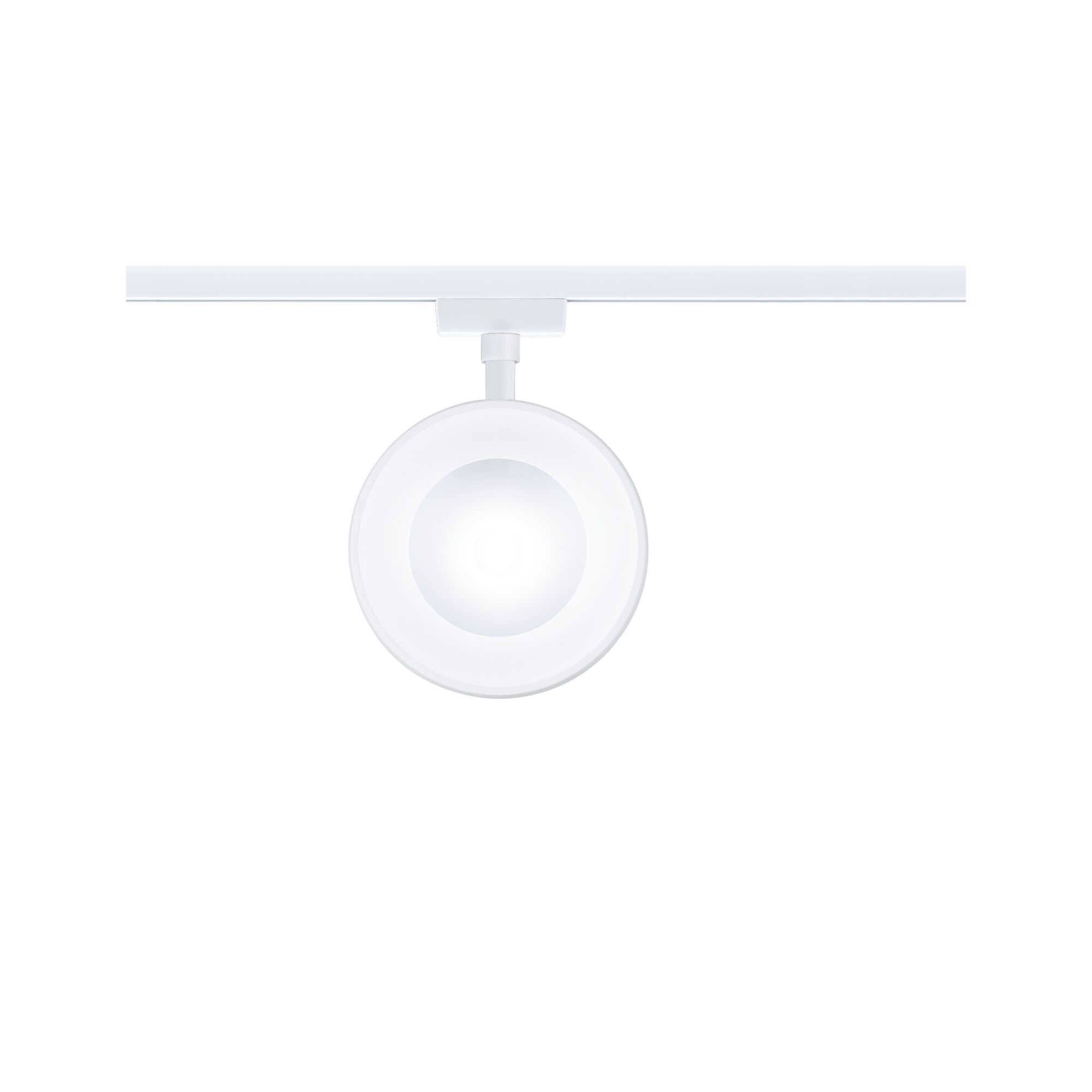 Runder weißer LED-Strahler aus Kunststoff an Schienensystem für moderne Raumbeleuchtung