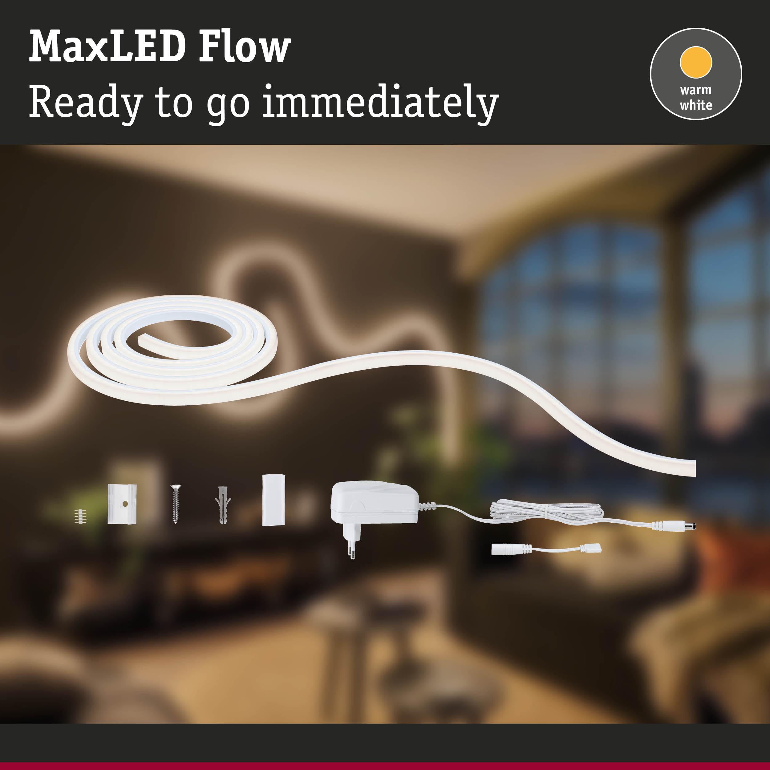 MaxLED Flow flexible LED strip light in warm white with power adapter and mounting accessories for home lighting
