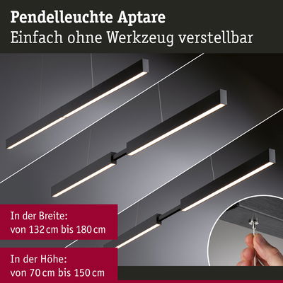 Pendelleuchte Aptare in Schwarz mit LED-Licht, höhen- und breitenverstellbar ohne Werkzeug