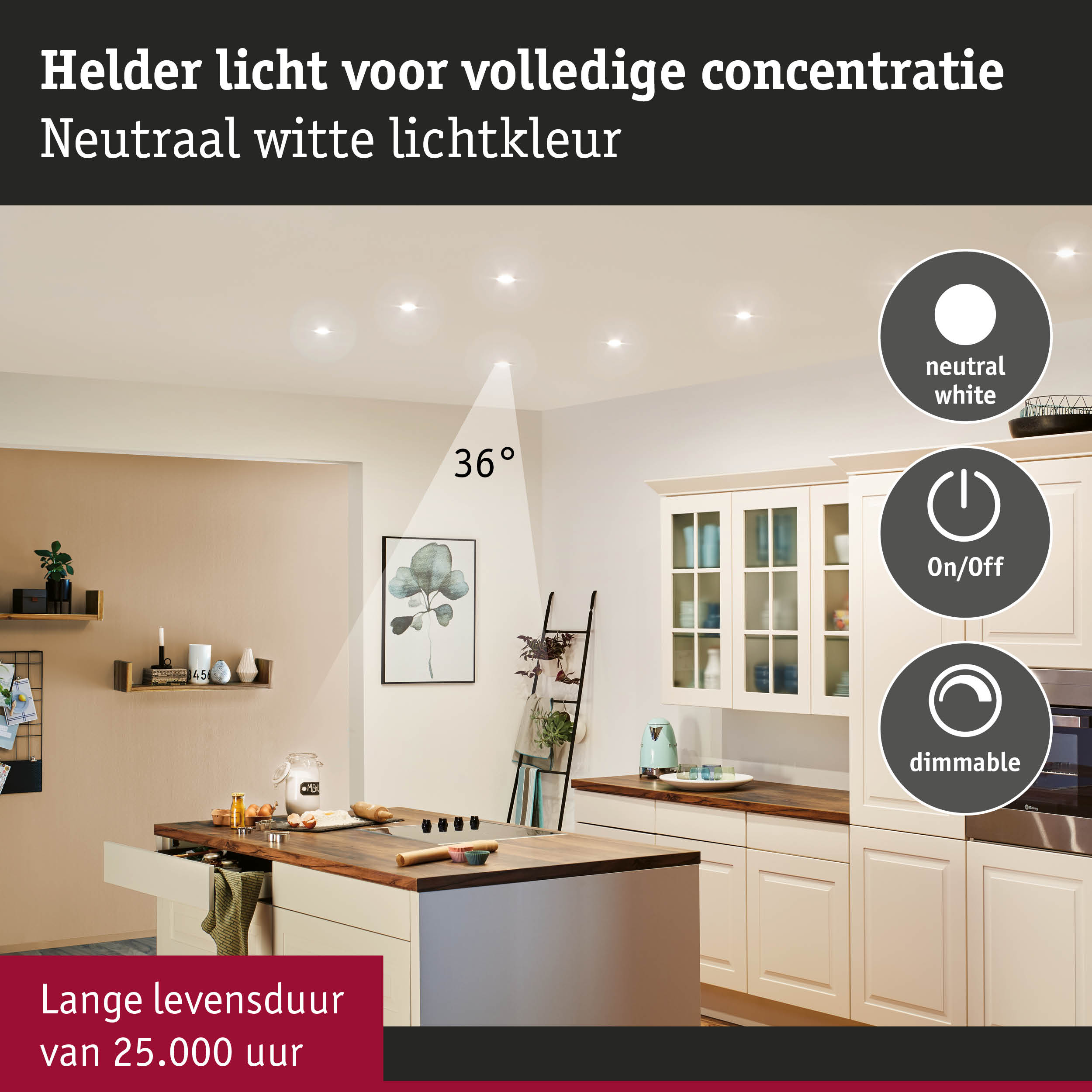 Moderne keuken met neutraal wit dimbaar LED-plafondlicht, duurzaam tot 25.000 uur.