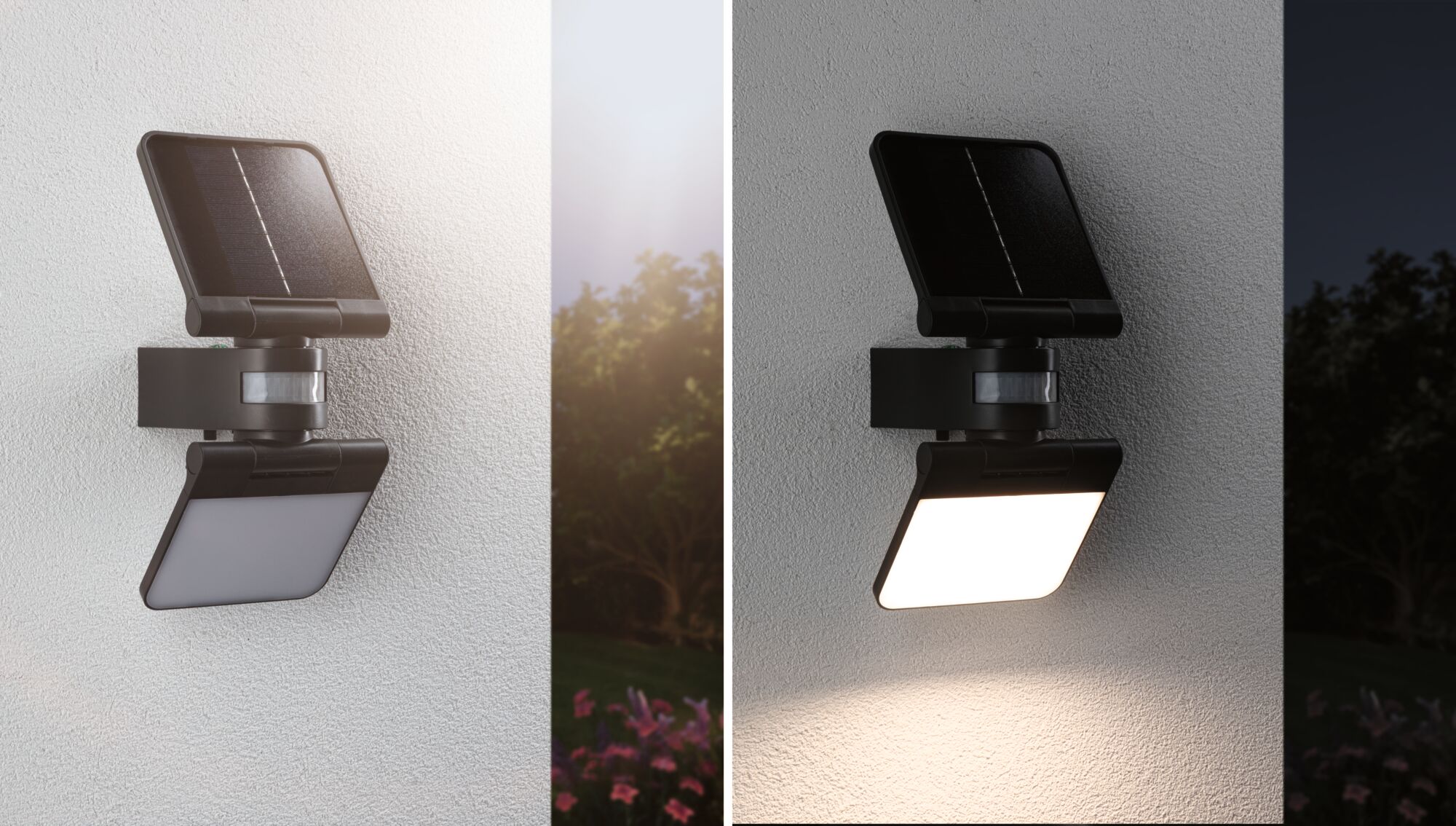 Schwarze Solar-LED-Wandleuchte mit Bewegungsmelder, tagsüber und nachts an einer weißen Wand montiert