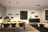 Moderne spisestue med sorte Paulmann LED-hængelamper og træbord i varmt lys.