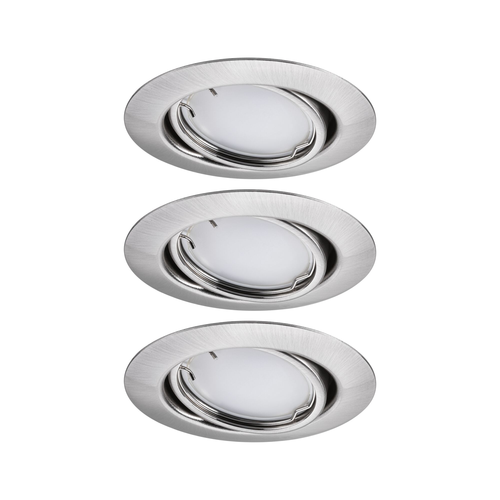Drie ronde inbouwspots van geborsteld zilverkleurig aluminium voor moderne LED-verlichting.