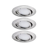 Drie ronde inbouwspots van geborsteld zilverkleurig aluminium voor moderne LED-verlichting.