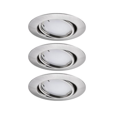 Drie ronde inbouwspots van geborsteld zilverkleurig aluminium voor moderne LED-verlichting.