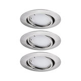 Three round recessed spotlights in brushed silver aluminum for modern LED lighting solutions.