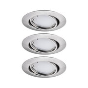 Drie ronde inbouwspots van geborsteld zilverkleurig aluminium voor moderne LED-verlichting.