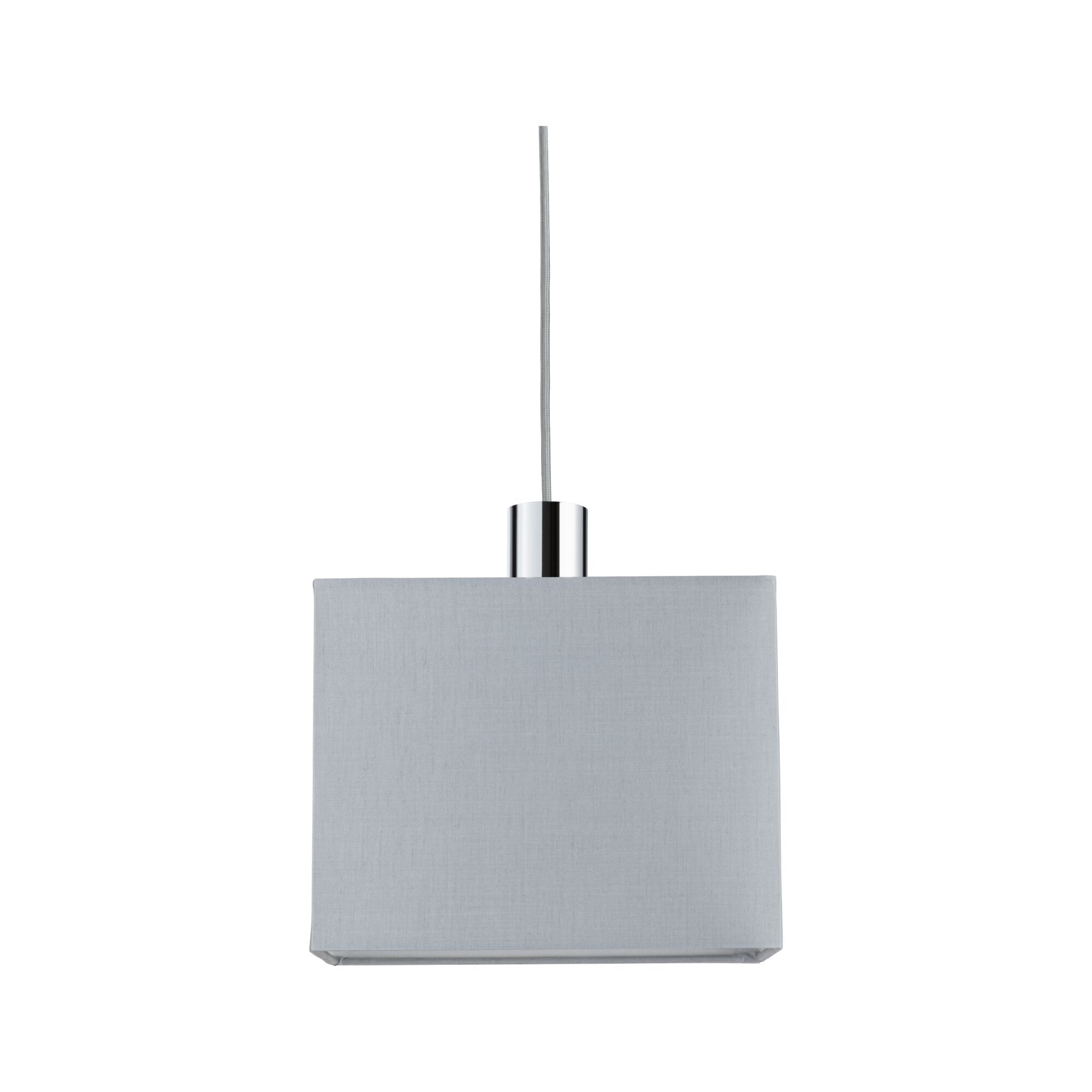 Modern pendant lamp with grey fabric shade and chrome metal holder for stylish home lighting