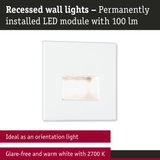 White recessed LED wall light with glare-free warm white 2700K illumination, perfect as orientation lighting