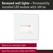 White recessed LED wall light with glare-free warm white 2700K illumination, perfect as orientation lighting