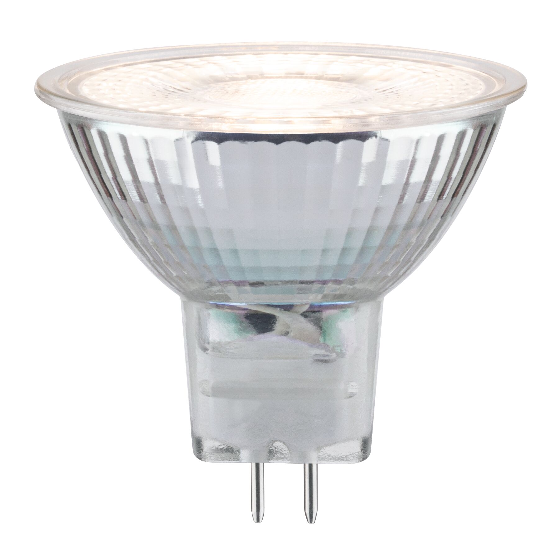 12 V Standard LED Reflector GU5,3 345lm 3,8W 2700K Silver Clear glass LED reflector bulb with two metal pins, energy-efficient lighting solution
