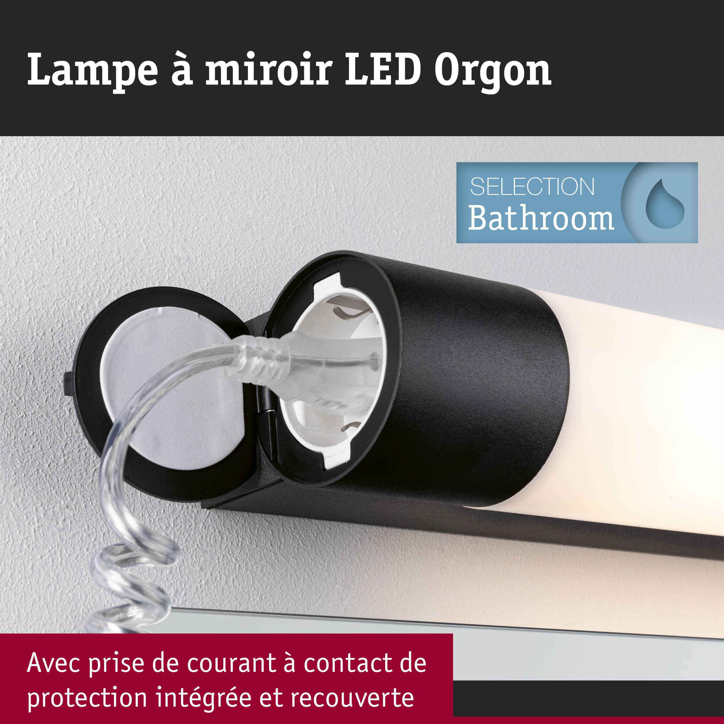 Lampe LED noire pour salle de bain avec prise de courant intégrée et diffuseur blanc pour miroir