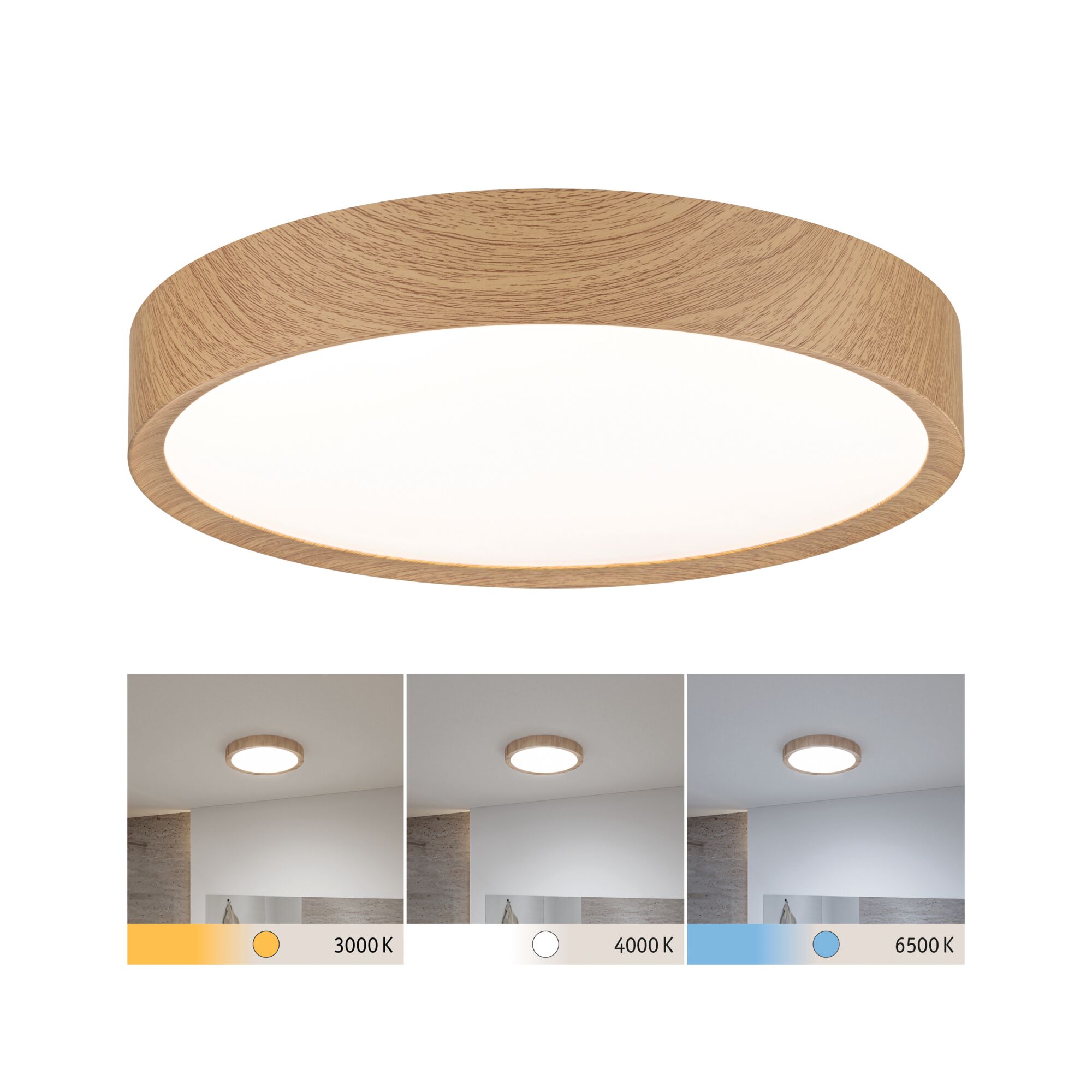 Round ceiling light with natural wood frame, dimmable with 3000K to 6500K color temperature.
