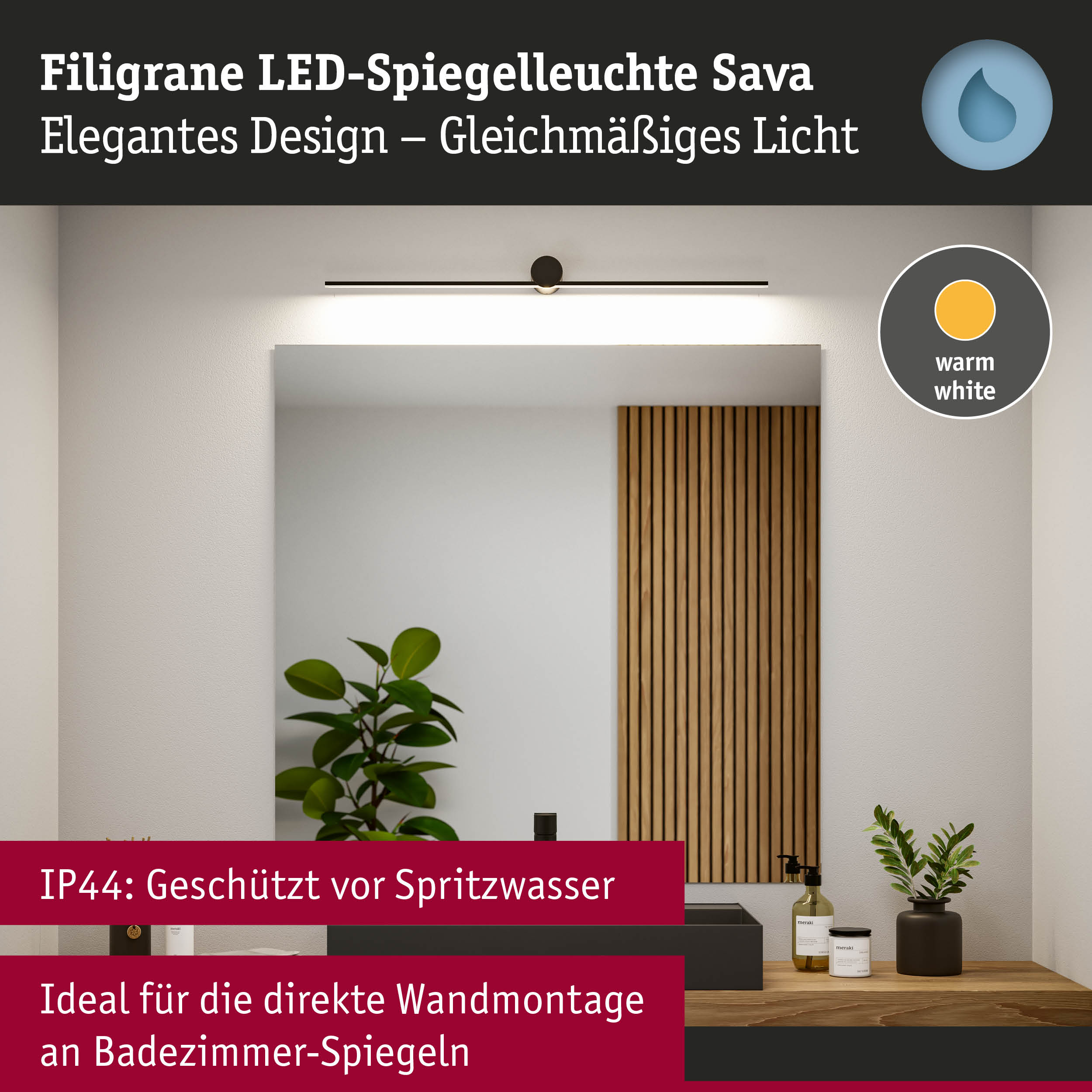 Filigrane LED-Spiegelleuchte Sava in Schwarz mit warmweißem Licht, ideal für Badezimmer und Spiegelmontage