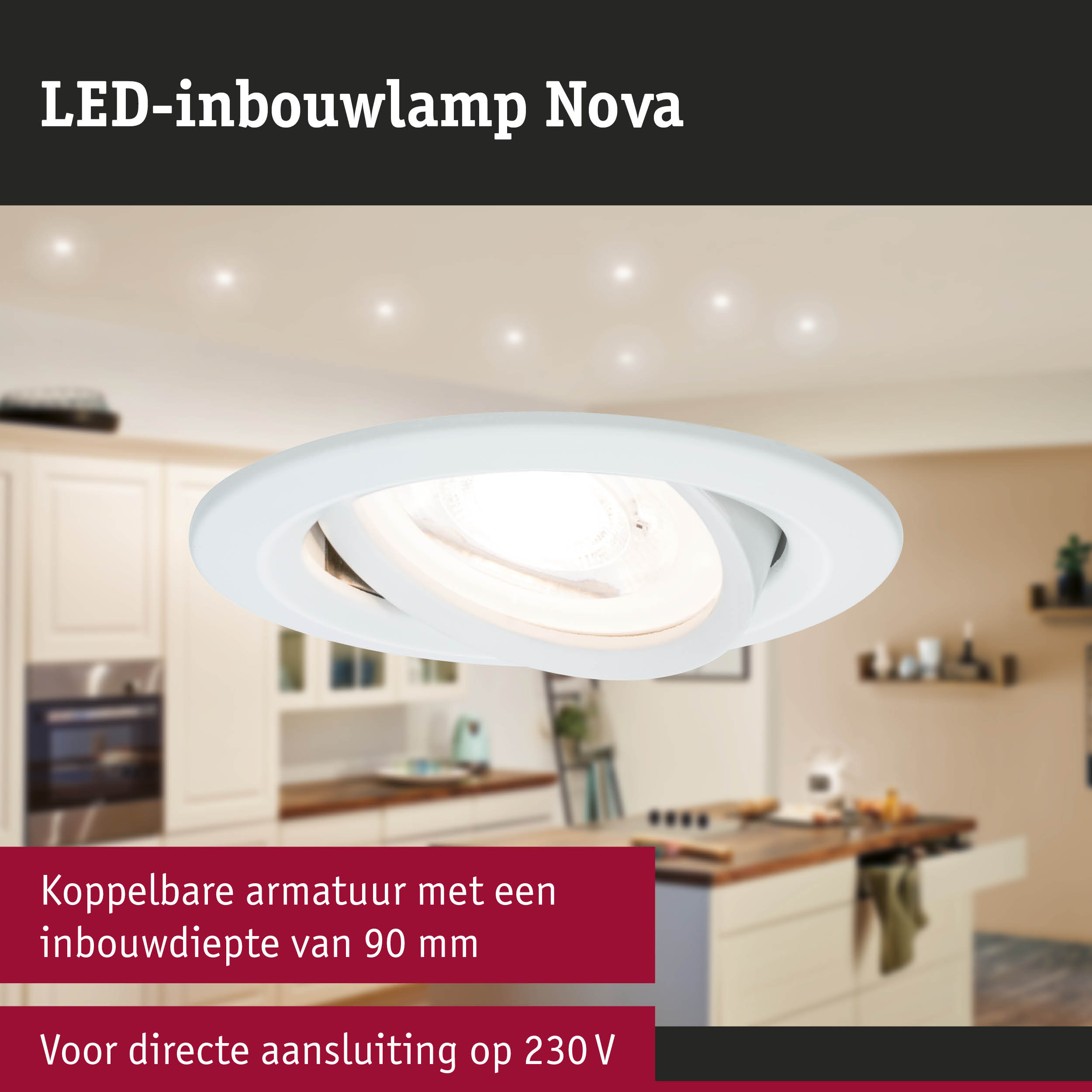 Witte LED-inbouwlamp Nova met koppelbare armatuur en 90 mm inbouwdiepte voor 230V aansluiting