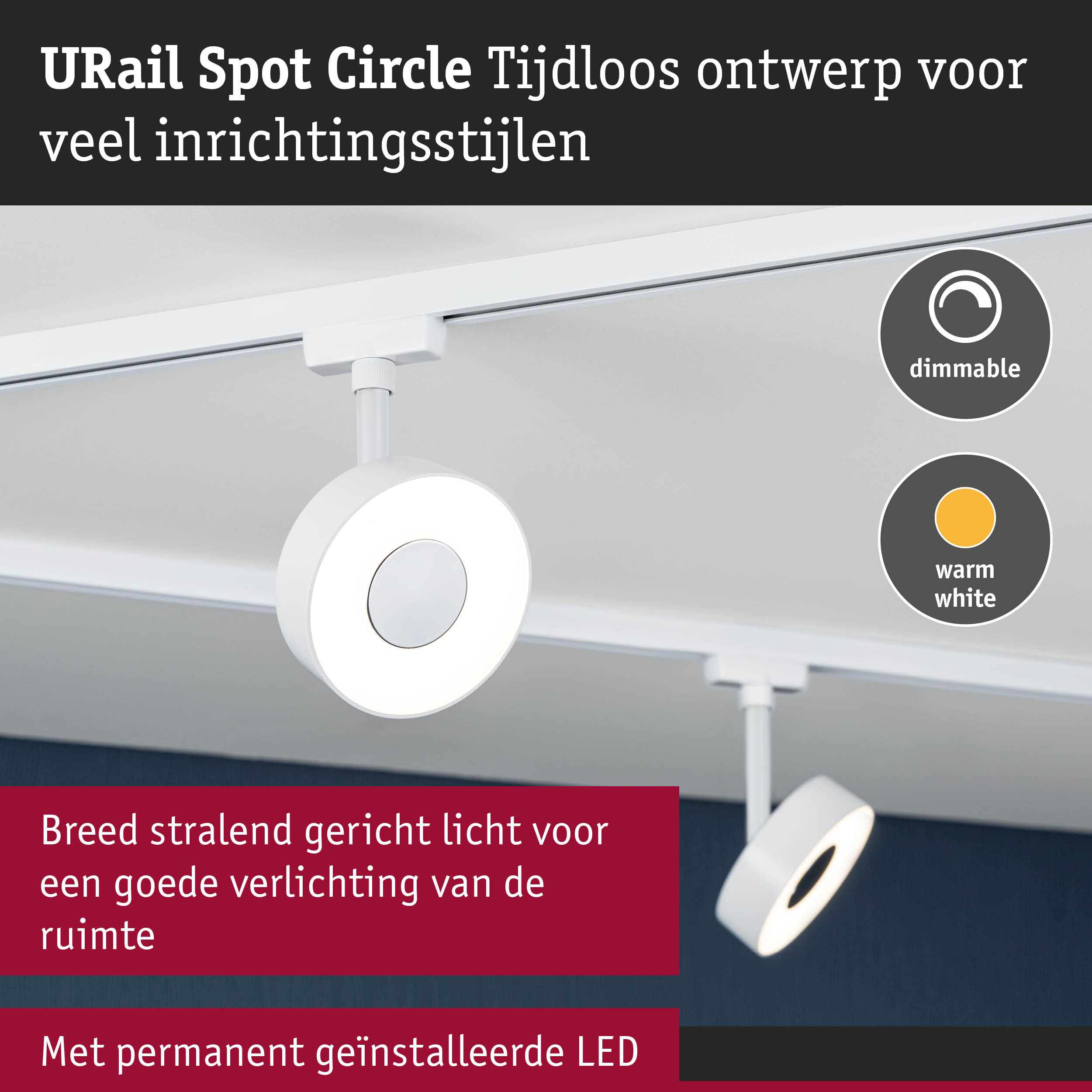 Witte URail Spot Circle LED-spot met dimbare warmwitte verlichting voor moderne binnenruimtes