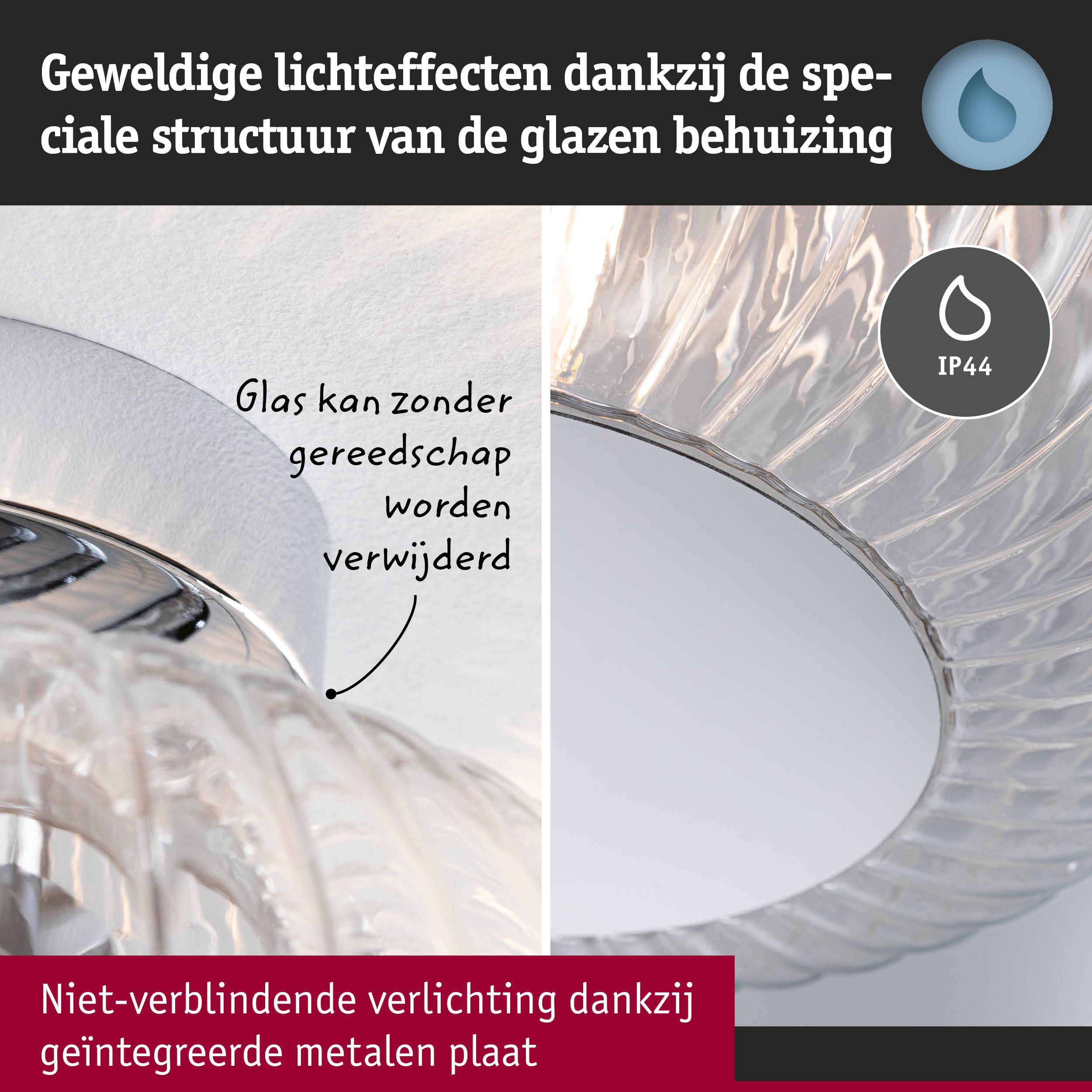 Glazen lamp met speciale structuur voor indrukwekkende lichteffecten en IP44 bescherming