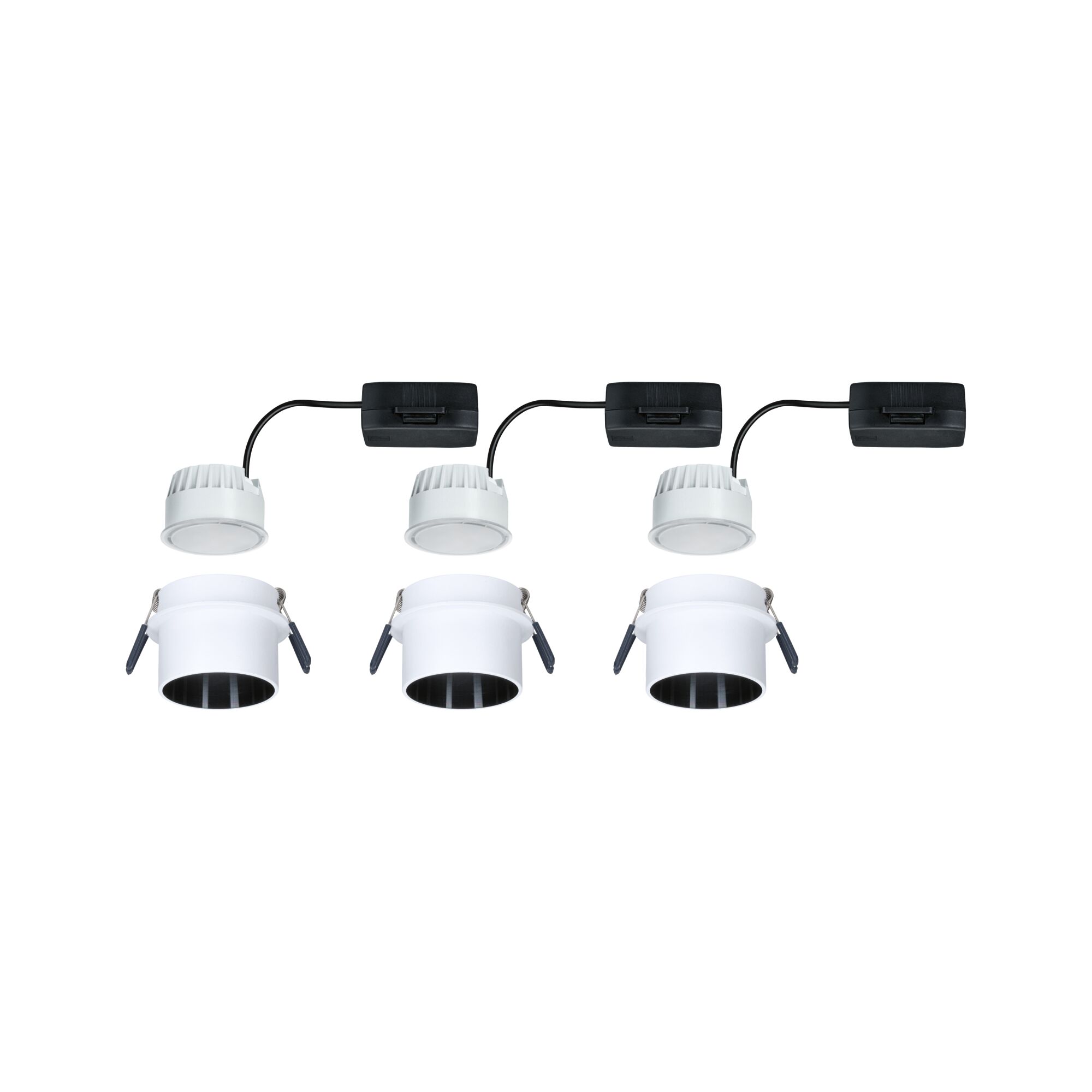 Three white LED recessed spotlights with black cables and clips for ceiling installation, modern lighting