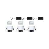 Drie witte LED-inbouwspots met zwarte kabels en clips voor plafondmontage, moderne verlichting