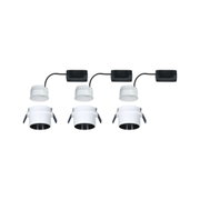 Set of three white plastic LED recessed spotlights with black wiring for modern indoor lighting