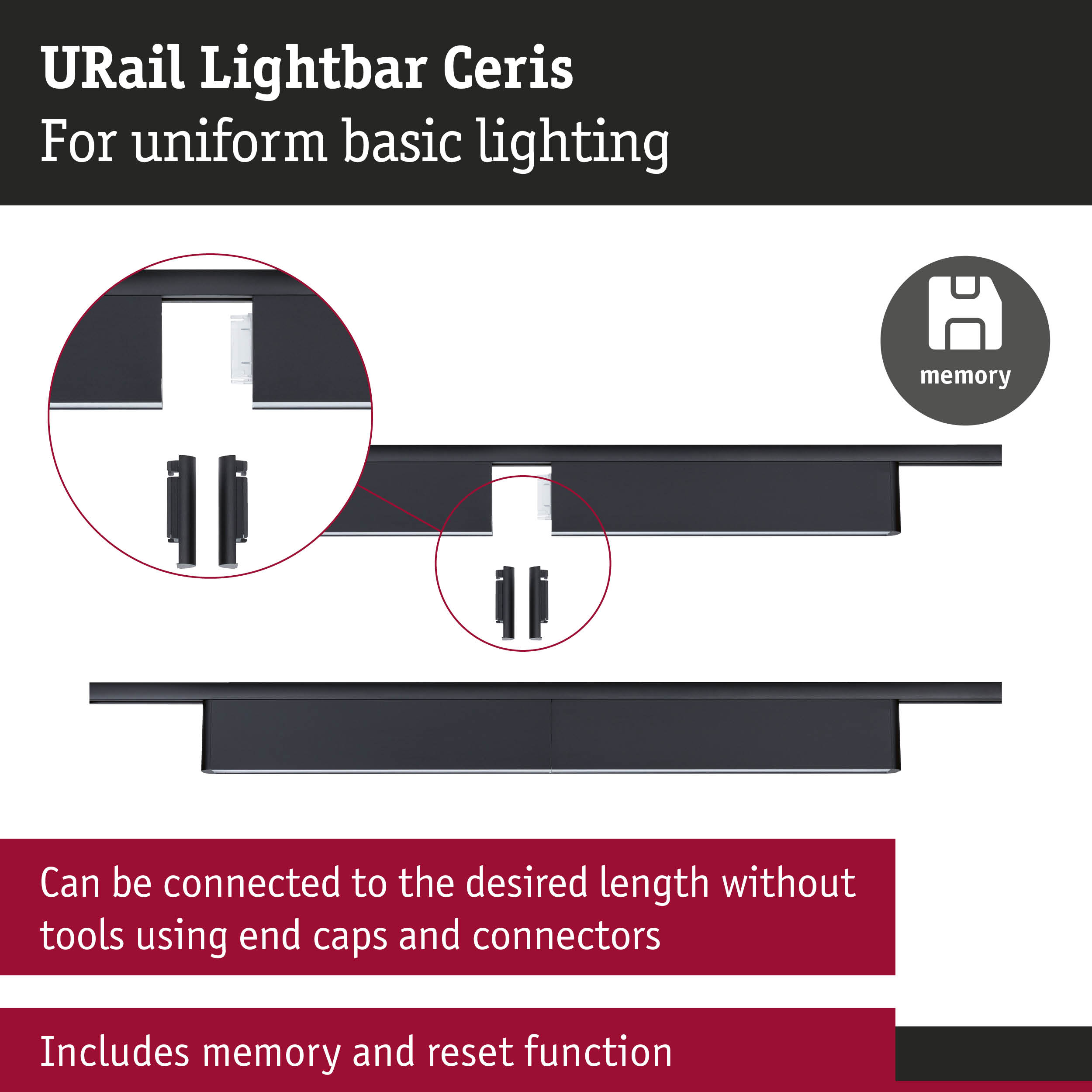 URail Lightbar Ceris black rail with end caps and connectors for flexible lighting setup