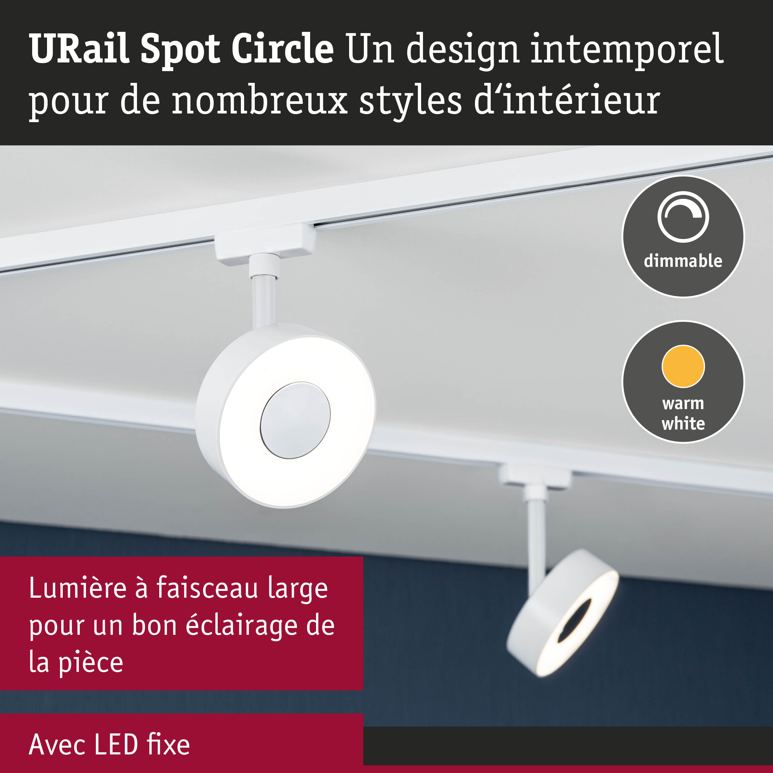 Spot LED URail Spot Circle blanc avec lumière blanche chaude dimmable pour éclairage intérieur