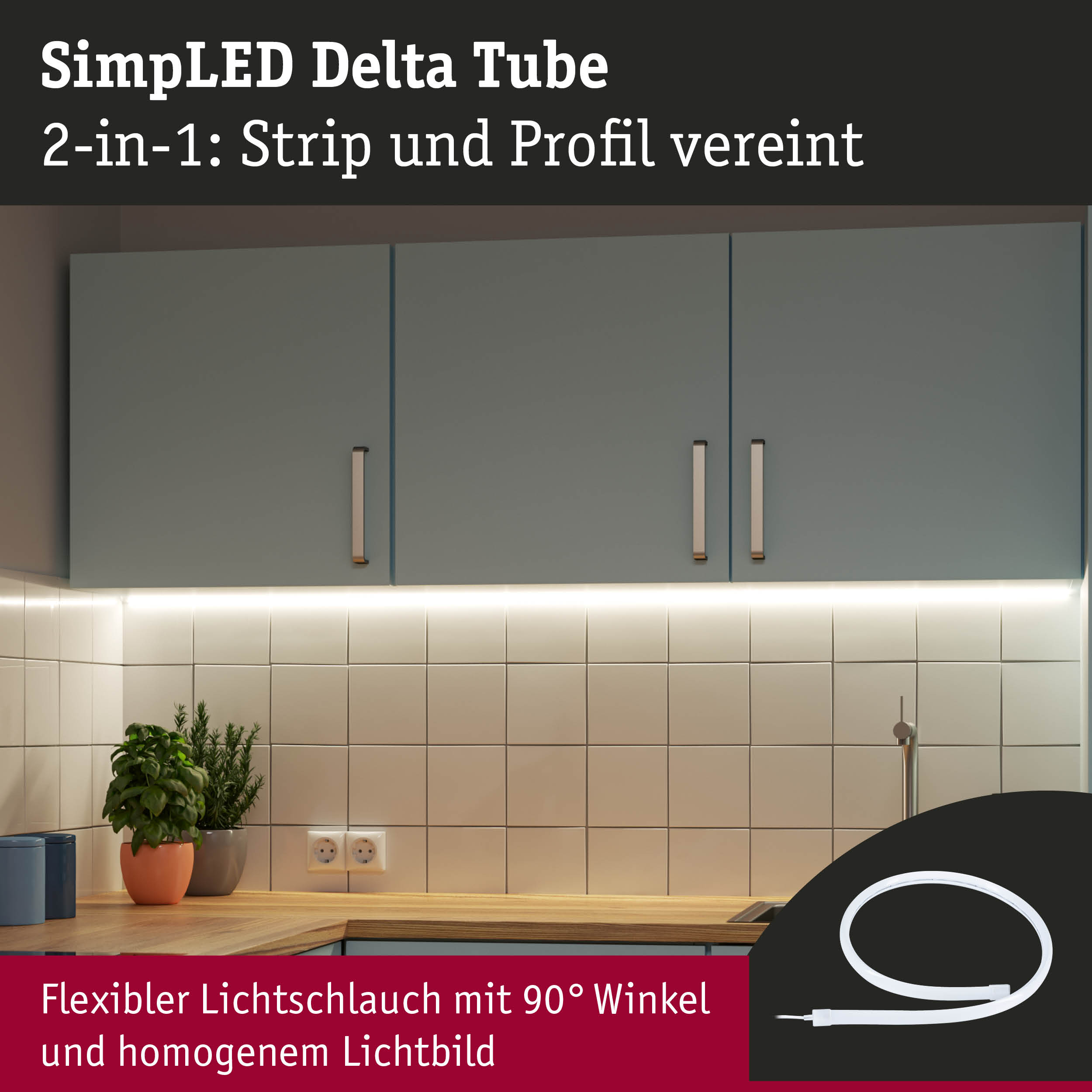 Flexibler LED-Lichtschlauch mit 90° Winkel und homogenem Lichtbild für Küchenbeleuchtung