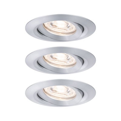 Three round recessed spotlights in brushed silver aluminum with warm white light