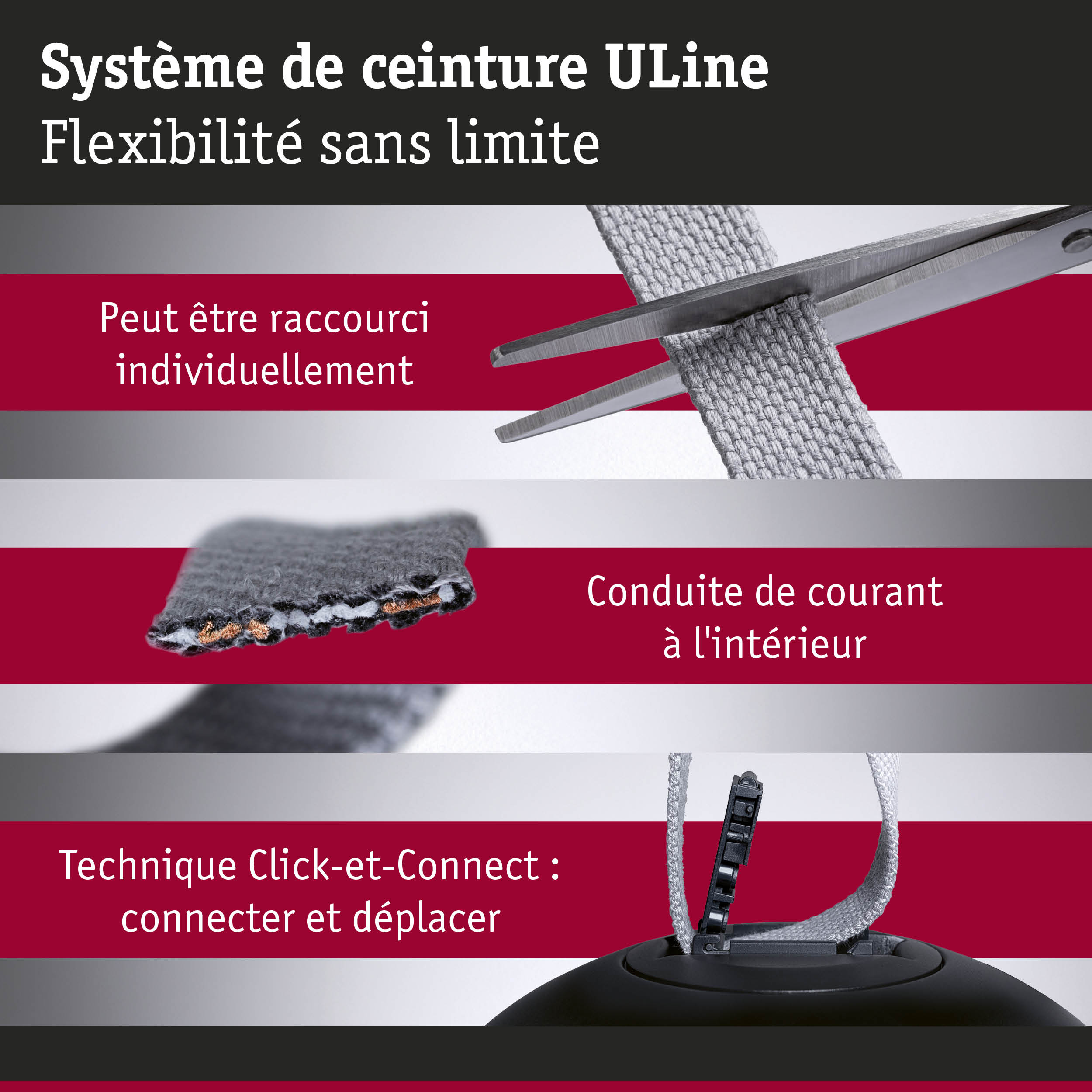 Système de ceinture ULine flexible en textile gris avec technique Click-Connect et conduction électrique interne