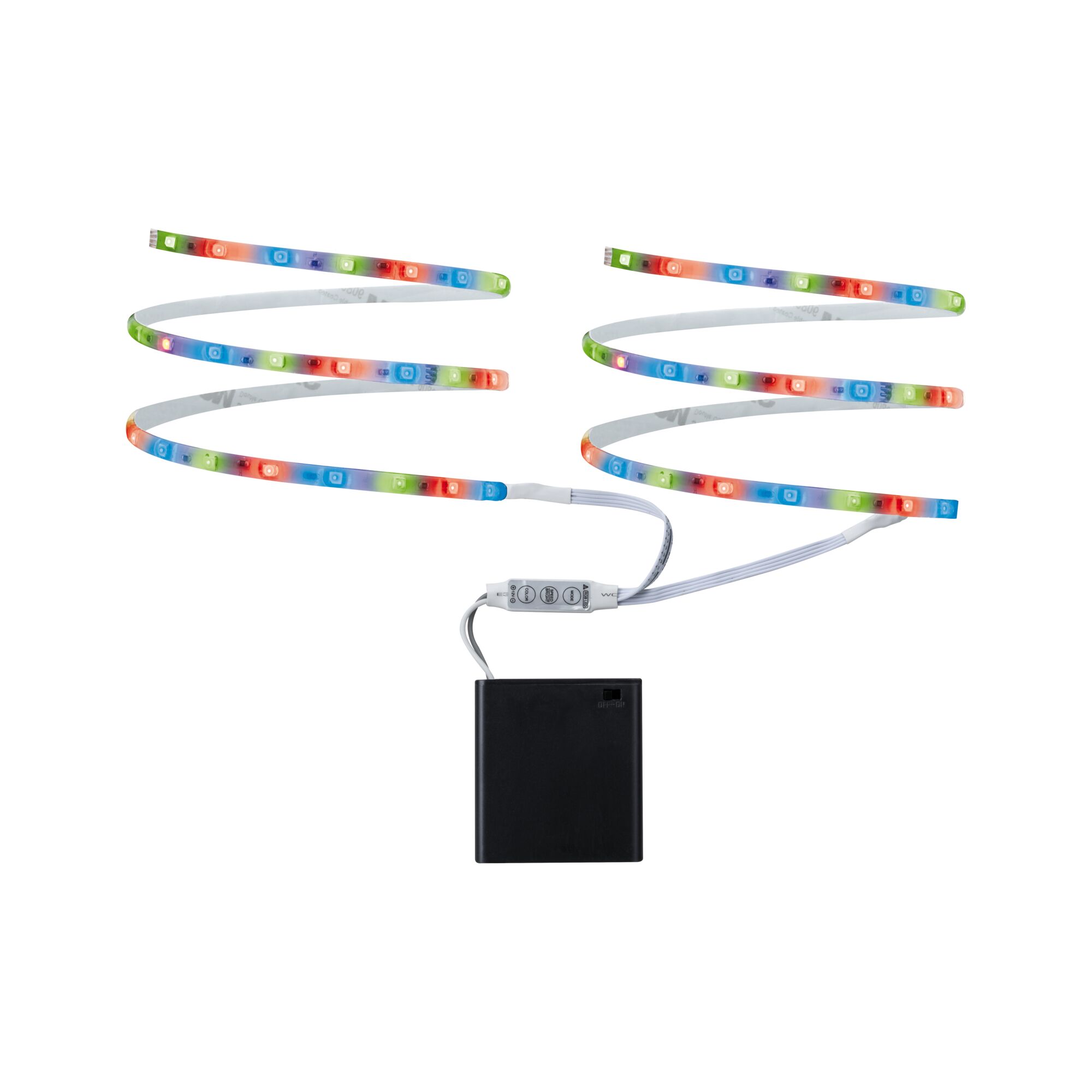 Colorful LED light strips with controller and black battery box for flexible room lighting