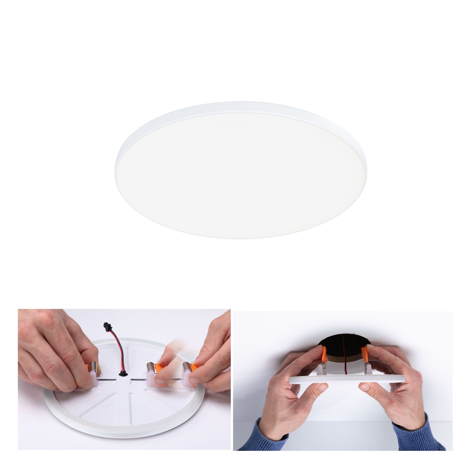 Round white plastic LED ceiling light with mounting clips and electrical wiring for home lighting
