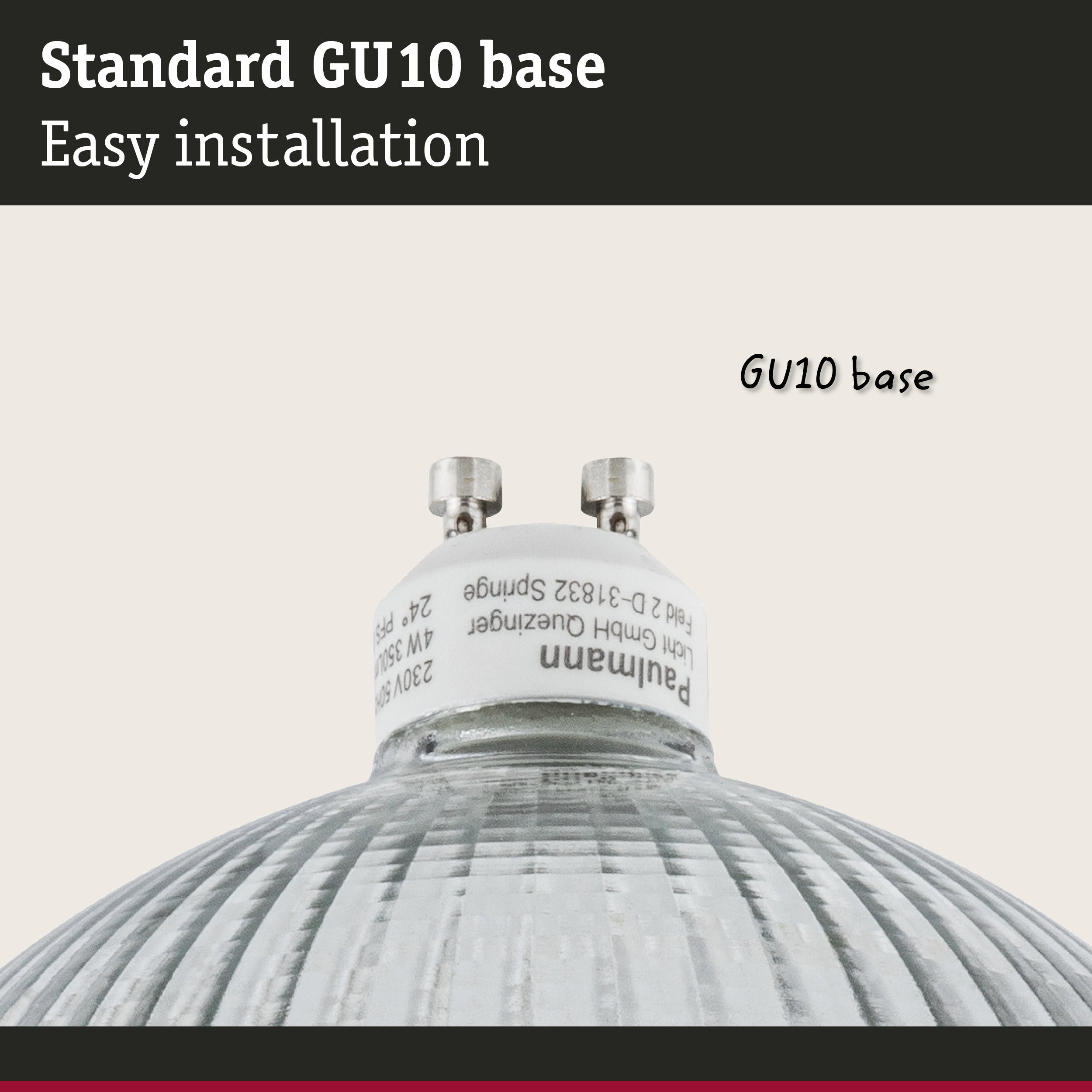 Close-up of white GU10 lamp base with metal contacts for easy installation in lighting fixtures
