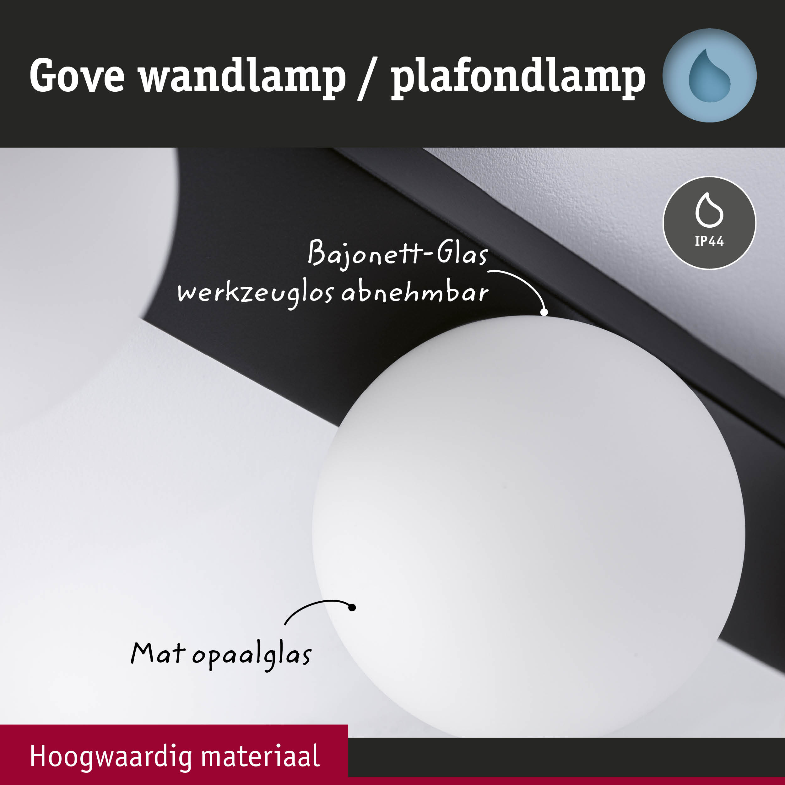 Gove wandlamp met mat opaalglas en bajonetsluiting, zwarte rand, IP44 bescherming voor badkamerverlichting