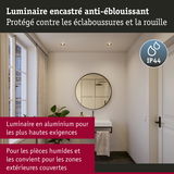 Luminaire encastré en aluminium anti-éblouissant avec protection IP44 pour pièces humides et zones extérieures couvertes