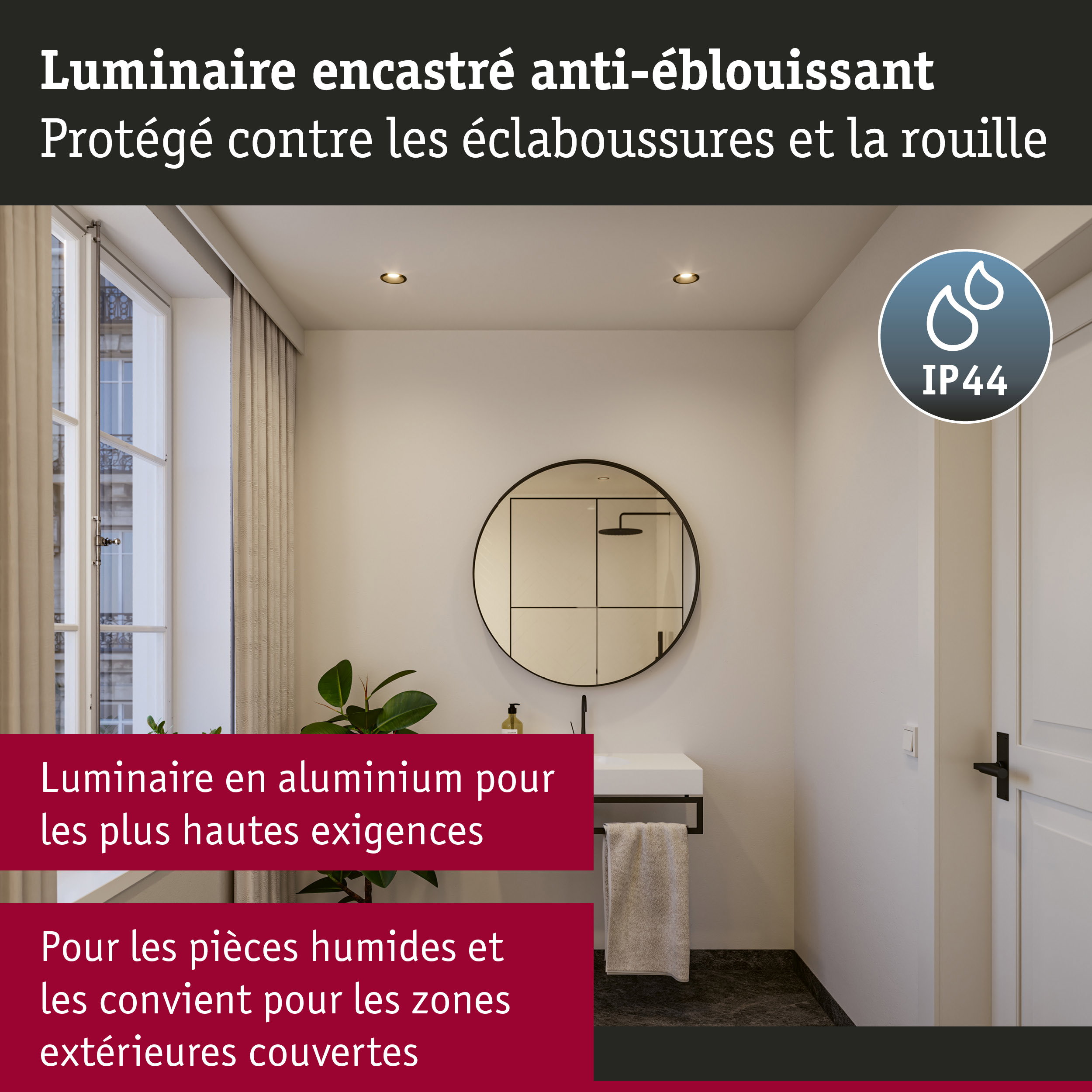 Miroir rond de salle de bain avec cadre noir au-dessus d'un lavabo blanc et plantes dans une salle moderne