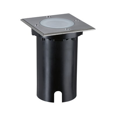 Ground spike light with square stainless steel cover and black plastic housing for outdoor lighting