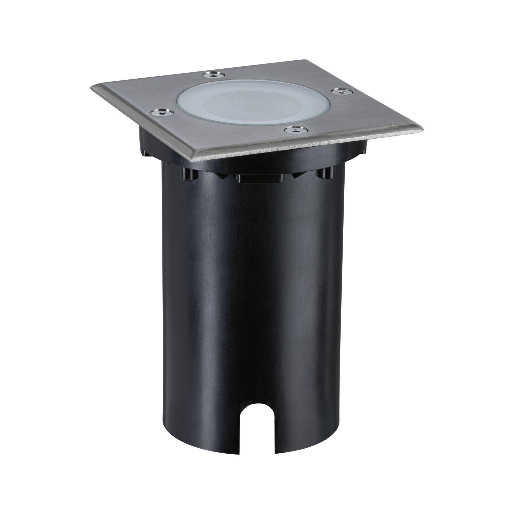 Ground spike light with square stainless steel cover and black plastic housing for outdoor lighting