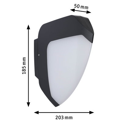 Black outdoor wall light with white plastic diffuser, dimensions 185x203x50 mm, LED wall lamp