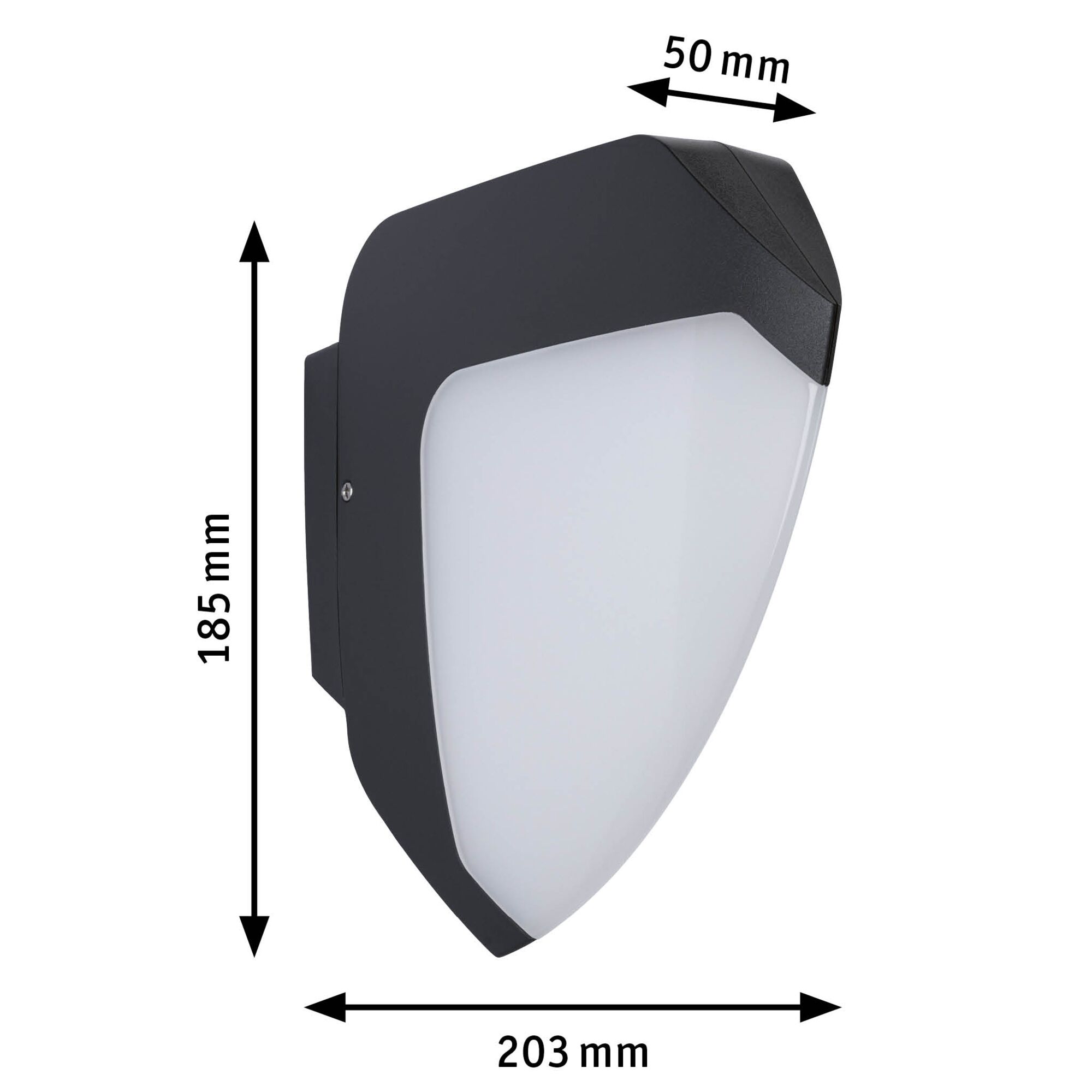 Applique murale extérieure noire en plastique avec diffuseur blanc, dimensions 185x203x50 mm, lampe LED