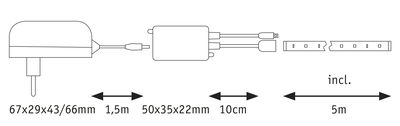 Schéma technique d'un adaptateur secteur avec câble de 1,5 m et bande LED de 5 m en noir et blanc