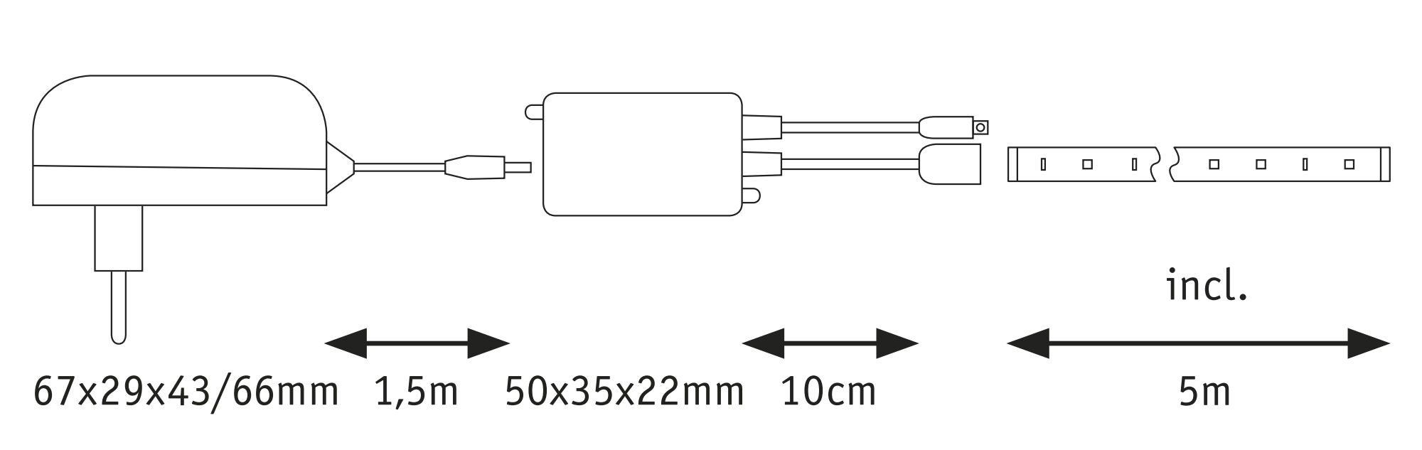 Technical drawing of power adapter with 1.5m cable and 5m LED strip in black and white