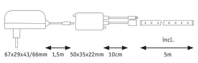 Schéma technique d'un adaptateur secteur avec câble de 1,5 m et bande LED de 5 m en noir et blanc