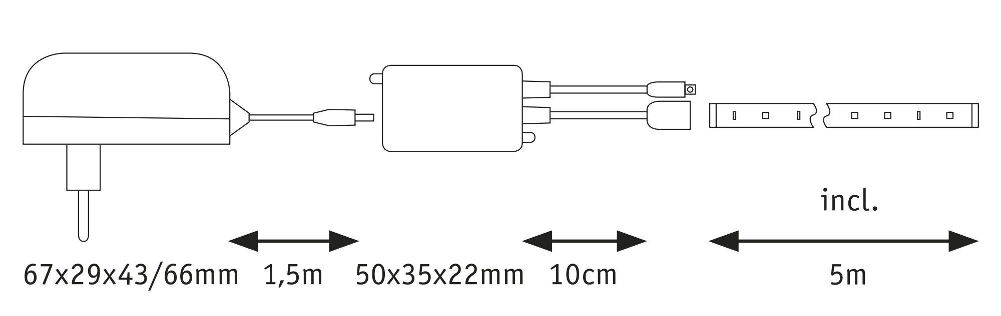 Technical drawing of power adapter with cables and 5m LED strip, showing dimensions and cable lengths