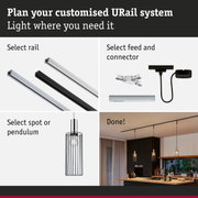 Modular URail track system with black and white aluminium rails for flexible LED lighting setup.