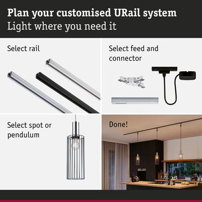 Guide to customising URail lighting system with rails, connectors and black metal pendant lamp